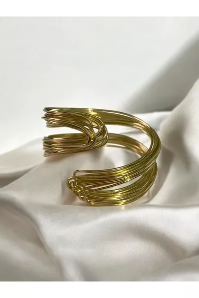 Women's Steel Gold-Tone Plated Adjustable Handmade Wire Wrapped Cuff Bracelet
