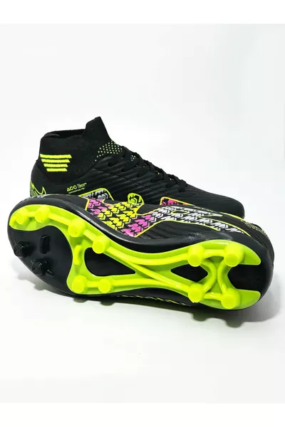 حذاء كرة مع جوارب عالية الكاحل لملاعب العشب والملعب الصناعي، بنعل شفاف، أحمر وأسود