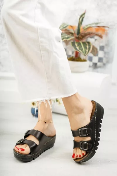 Mules pour femme noires avec boucle, entièrement orthopédiques, confortables, douces, élégantes