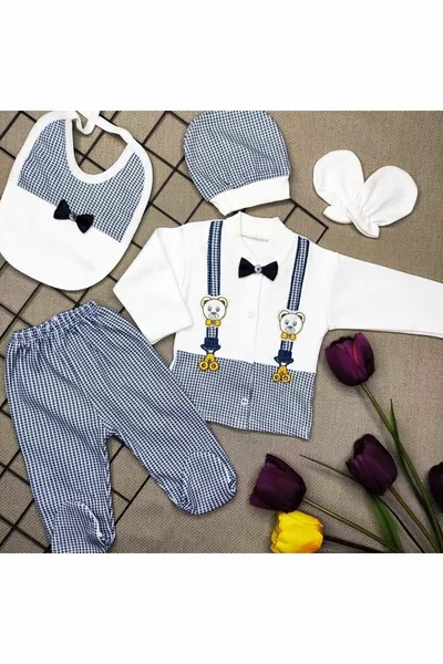 Luxury 5-Piece Baby Boy Hospital Outfit Set with Bow Tie and Bear Detail