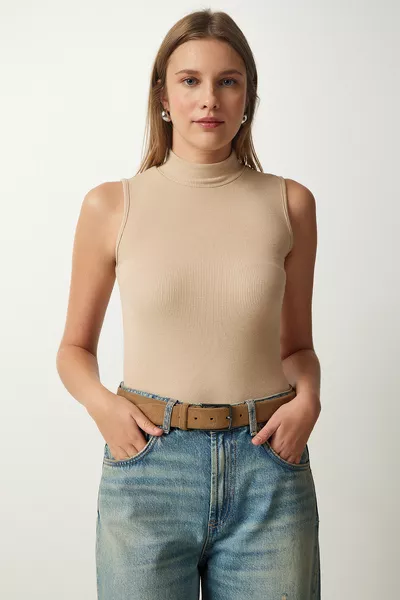 Dames Creme Donkerbruin Coltrui Mouwloze 2-Delige Gebreide Top 