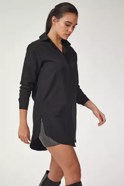 Women's Black Long Boyfriend Poplin Shirt 