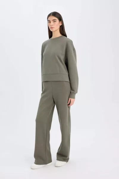 بنطال رياضي سادة بقصة مستقيمة، خصر مطاطي، جيوب، خصر مرتفع، أساسي WN