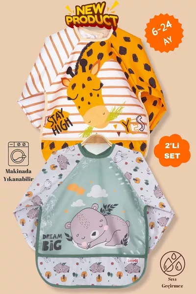 مريول طويل الأكمام مزدوج برسوم زرافة ودب لطيف مقاوم للسائل للأنشطة وتناول الطعام للأطفال