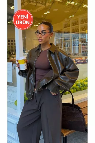 Women's Long Sleeve Zippered Leather Bomber Jacket in Dark Brown