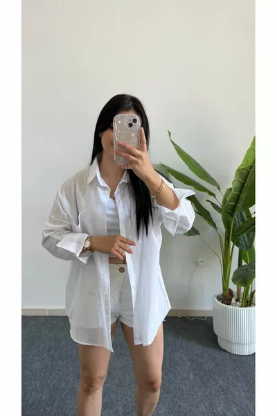 Луксозна бяла основна дамска риза с ниски рамене, овърсайз, от лен с джобове - OKUL