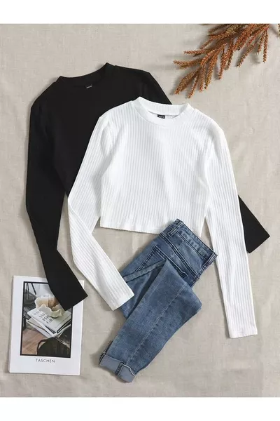 قميص نسائي قصير بياقة دائرية، كم طويل، من القطن %، مجموعة من قطعتين، تريكو مضلع