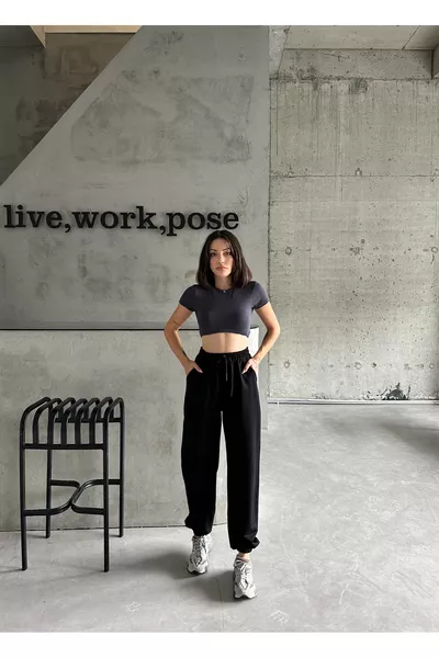 بنطال رياضي واسع مرتفع الخصر للنساء