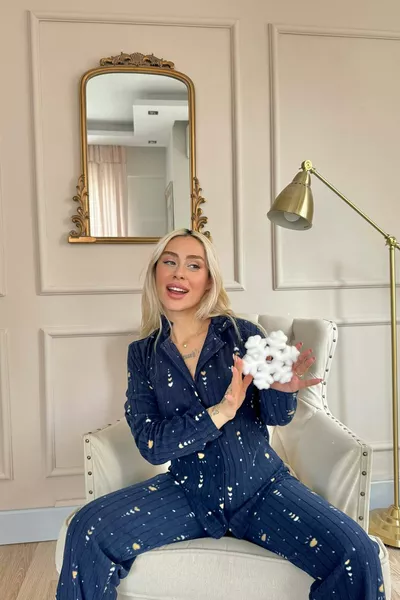 Navy Blue Heart Pattern Front-Button Plush Fleece Pajama Set