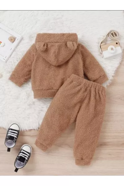 Unisex Plush Kids Top and Bottom Welsoft Set - Brown
