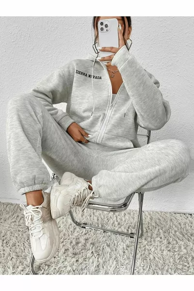 Sierra Nevada Printed Zip-Up Oversized Sweatshirt and Sweatpants Set with Elastic Ankles