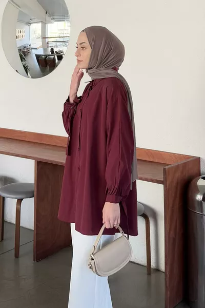 Sleeve Detailed Shirt Oversized Shirt Burgundy