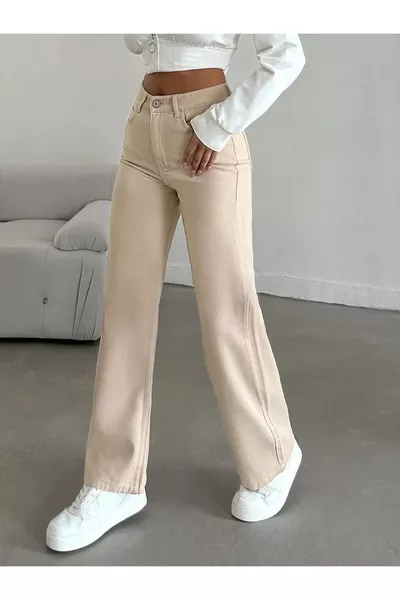 Women's High Waist Beige Jeans Loose Beige Denim Pants Palazzo Julia