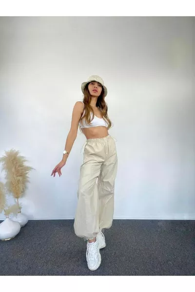 Parachute Fabric Pants with Elastic Cuffs and Knee Details