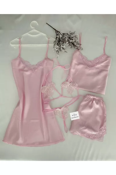 Ensemble de nuit de mariage en satin rose chocolat 5 pièces