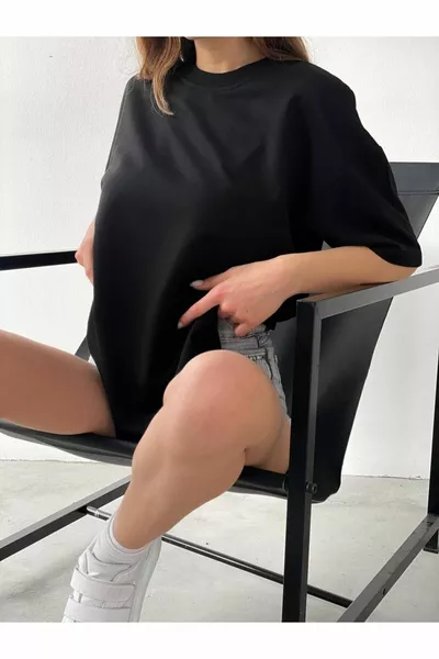 أسود للجنسين القطن طاقم الرقبة صديقها محبوك تي شيرت كبير الحجم