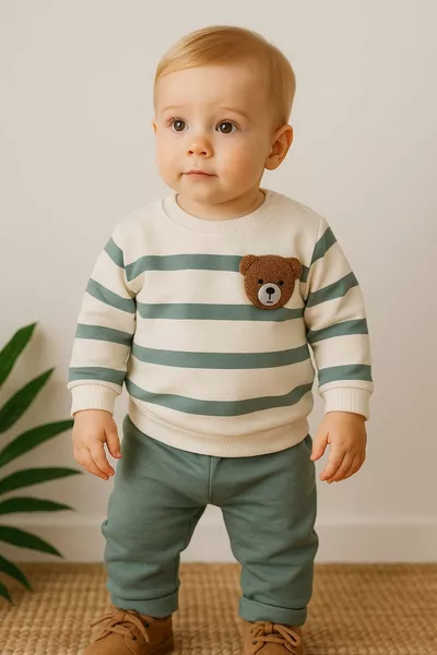 Gestreiftes Punch Bärchen Baby-Outfit zum Einrasten, 2-teilig, Ober- und Unterteil, saisonal, monatlich  Monate