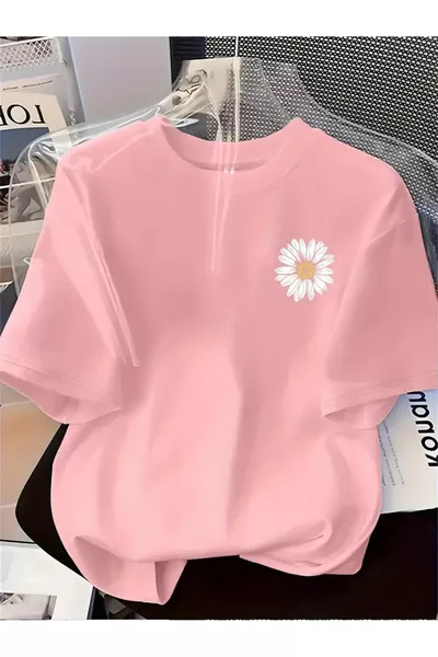 تيشيرت بنقشة الزهرة - ياقة دائرية مريحة، بأكمام قصيرة