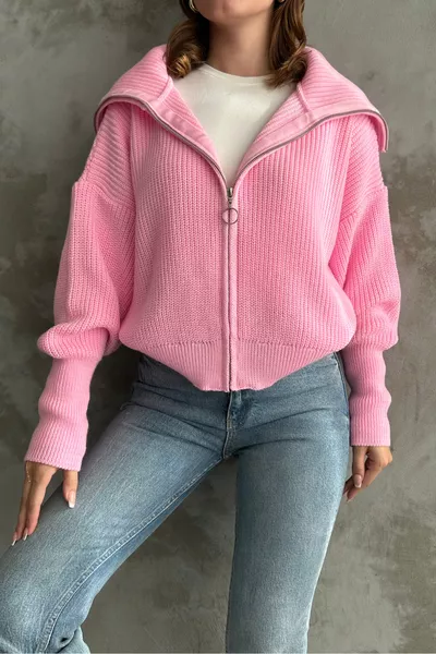 Pink Dropped Shoulder Zip-Up Knit Cardigan