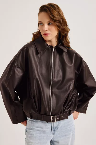 New Season Faux Oversized Bomber Leather Jacket