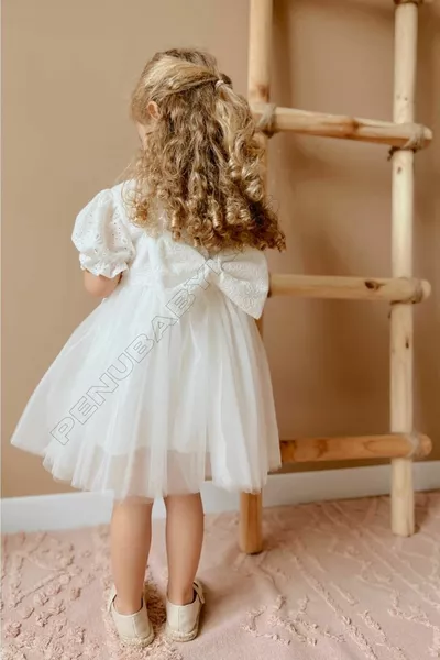 فستان أطفال بنات قصير الأكمام بتنورة تول وفتحة زر باللون الأبيض - توانا