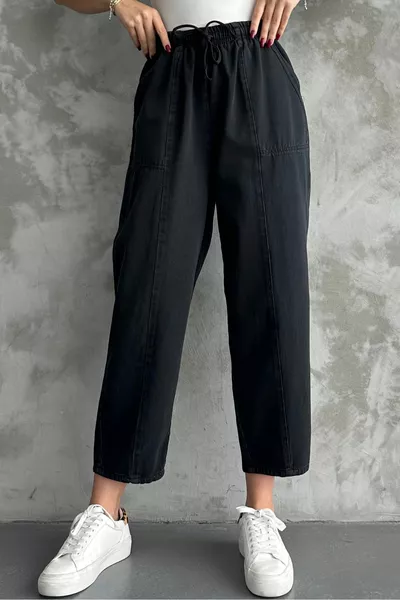 بنطال نسائي بجيب وطول الكاحل مع تفاصيل خياطة، ٪ قطن