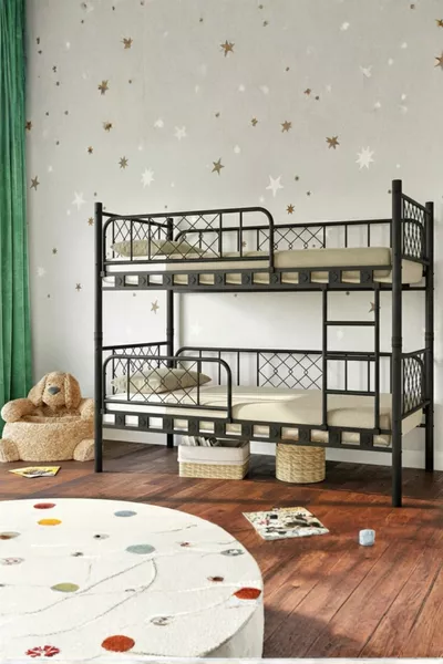 Lit superposé de sécurité Metis noir avec double couche et garde-corps supplémentaire