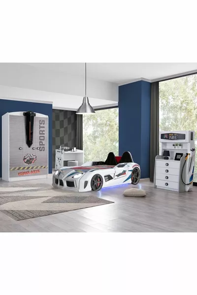 Chambre d'enfant - Lit voiture avec siège Audi, Armoire 3 portes Sports, Bureau, Commode - Blanc