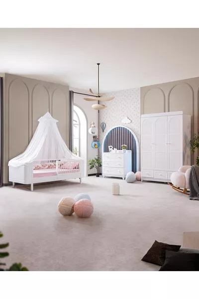 غرفة أطفال بيرلا البيضاء، خزانة بيرلا البيضاء الثلاثية الأبواب، كومود ليديا وسرير