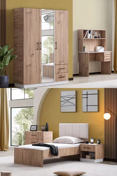 Youth Room Efes 3-Door Wardrobe, Bed, Desk, Dresser, Nightstand Walnut Cream