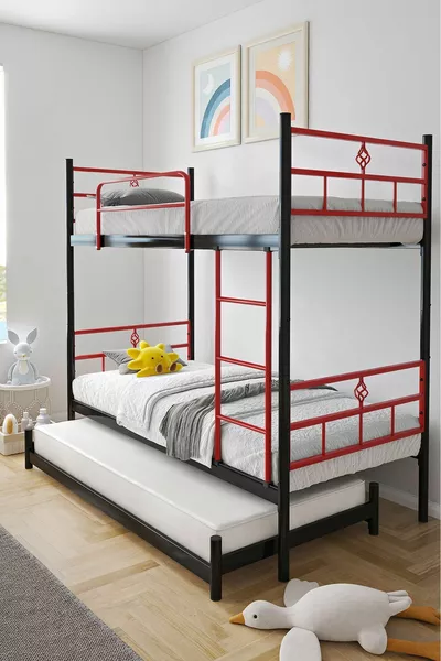 Koza Bunk Bed with Loft Bed, Fits 3 People, Red Metal Bunk Bed Frame