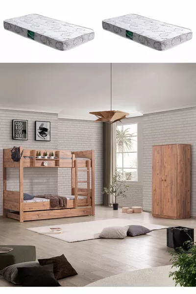 Stapelbed, Aziatisch Apart Uittrekbaar Stapelbed met 2-deurs Kast en 2 Comfort Matrassen