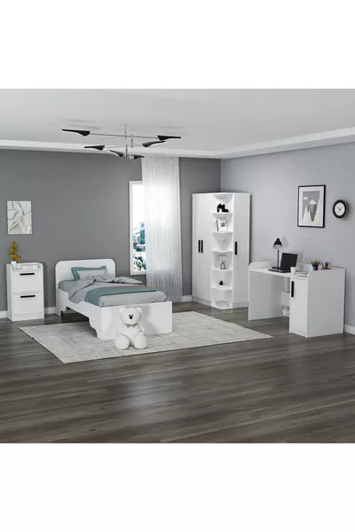 غرفة نوم للشباب من لوسيس، طقم رباعي أبيض: مكتب دراسة - خزانة ملابس - منضدة جانبية - سرير - لوسيس