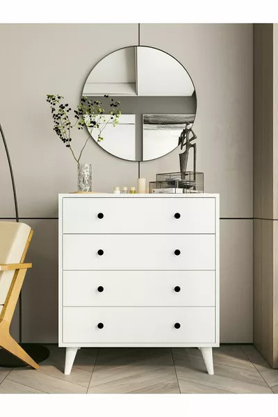 Скрин Блестящо Бял с 4 Чекмеджета Кънтри Скрин Нощно шкафче Дървено