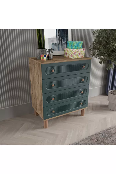 Commode Furkan à 4 tiroirs avec portes en mélamine de style bohème - Livrée montée.