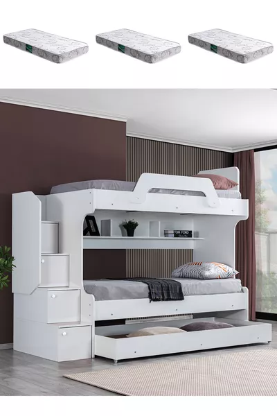 Bunk Bed, İnci Bunk Bed with Small Bunks, 3-Unit White Bunk Bed with Small Bunks - 3 Comfort Mattresses