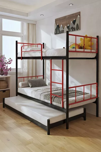 Tekno Bunk Bed with Loft Bed, Compatible with Mattress, 3-Person Red Metal Bunk Bed