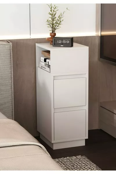 Table de chevet Alve étroite – 2 tiroirs, table d'appoint latérale avec compartiment ouvert amovible, pour chambre à coucher et salon M