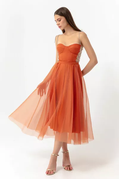 Robe de soirée midi à bretelles en pierre évasée pour femmes