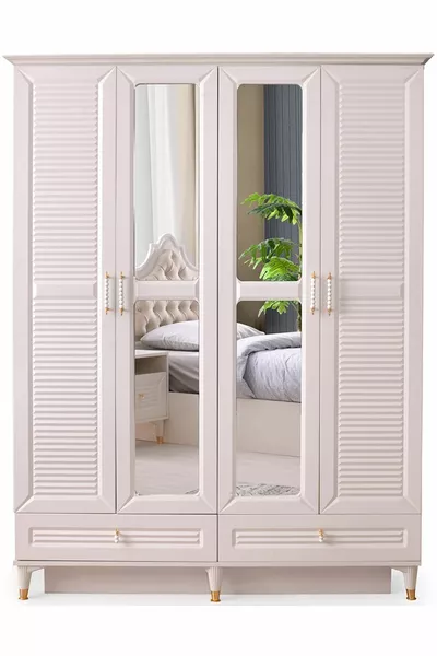 Kuğu Jongenskamer Set - MDF - Leisteen - Spiegel - 4 Deurs Kast Zonder Bedbodem - Gratis Bezorging en Montage