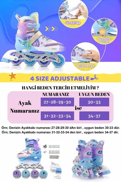 Pattini per bambine Sirena luminosi 2+2 con ruote in silicone, borsa inclusa, 3 in 1