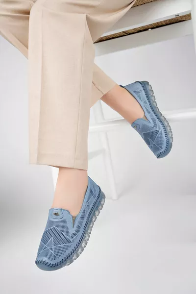 Ballerines en cuir véritable pour femme, denim bleu 