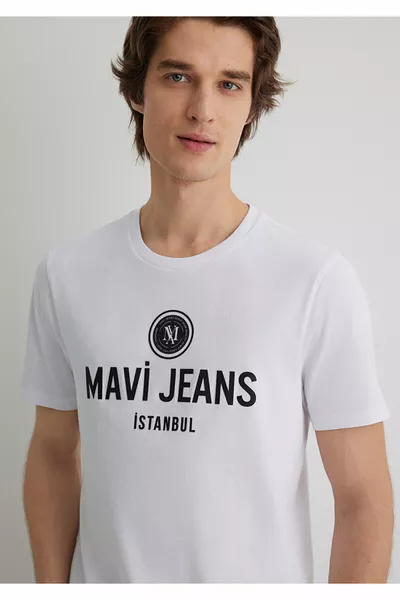 T-shirt bianca con stampa jeans Slim Fit / Taglio aderente 