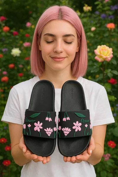 صندل حديقة زهري أسود - صندل بنقشة زهور للشاطئ