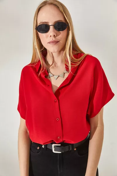 Women's Red Bat Oversize Linen Shirt 