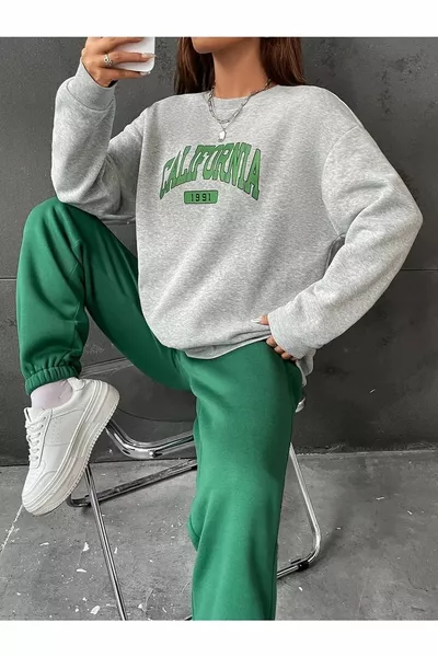 كاليفورنيا  سروال رياضي أخضر قميص بقلنسوة رمادي طقم رياضي علوي وسفلي واسع بياقة دائرية