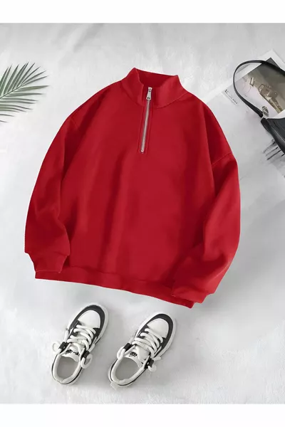 Beige, Red, and Black 3-Piece High-Collar Half-Zip Sweatshirt