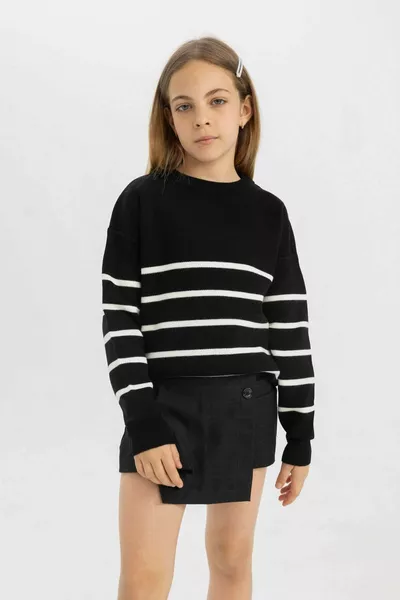 Girl's Black Striped Crew Neck Knit School Sweater AU
