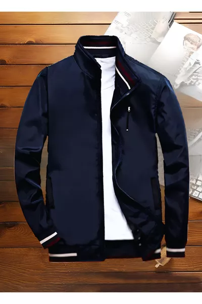 معطف وسترة رجالي موسمي كلاسيكي بسحاب باللون الأزرق الداكن