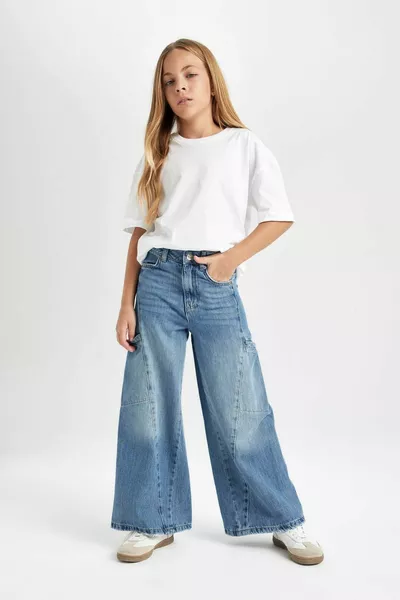 Girls' Wide Leg Cargo Pocket Loose Fit Jeans au